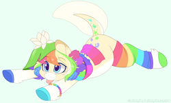 Size: 1200x722 | Tagged: safe, artist:higglytownhero, derpibooru import, oc, oc only, oc:sunny showers, earth pony, hybrid, pony, :p, axolotl, bracelet, clothes, colored hooves, eye clipping through hair, female, flower, jewelry, lilypad, looking up, lying down, mare, multicolored hair, prone, rainbow hair, rainbow socks, scarf, simple background, socks, solo, sparkly mane, spots, striped socks, tongue, tongue out
