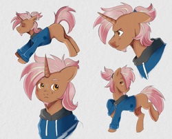 Size: 2474x2000 | Tagged: safe, artist:tobiasking, derpibooru import, oc, oc only, oc:cinnamon roll, pony, unicorn, angry, clothes, freckles, hoodie, male, poses, sad, solo, stretching