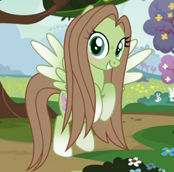 Size: 1094x1080 | Tagged: safe, artist:cstrawberrymilk, derpibooru import, oc, oc only, oc:lumina, pegasus, pony, rabbit, blushing, female, flower, grin, looking at you, mare, outdoors, smiling, smiling at you, solo