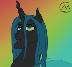 Size: 2768x2565 | Tagged: safe, artist:maître cervidé, derpibooru import, queen chrysalis, changeling, chad, commission, female, gradient background, rainbow background, solo, ych result