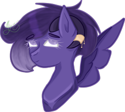 Size: 3784x3401 | Tagged: safe, artist:thecommandermiky, derpibooru import, oc, oc only, oc:miky command, deer, deer pony, hybrid, original species, pegasus, bust, deer oc, horn, horn jewelry, jewelry, non-pony oc, pegasus oc, purple eyes, purple hair, purple mane, simple background, solo, spread wings, transparent background, wings