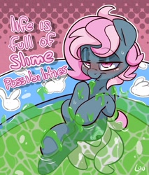 Size: 1500x1764 | Tagged: safe, artist:lou, derpibooru import, oc, oc:juicy dream, earth pony, commission, earth pony oc, female, kiddie pool, mare, messy, slime, slimed