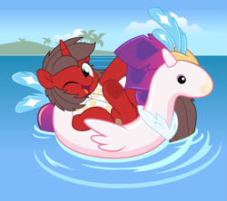 Size: 5627x5000 | Tagged: safe, artist:jhayarr23, derpibooru import, queen novo, oc, oc:ironyoshi, unicorn, my little pony: the movie, clothes, commission, floating, looking at you, ocean, one eye closed, pool toy, shirt, water, wink, winking at you, ych result