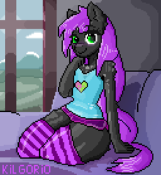 Size: 1280x1390 | Tagged: safe, artist:kilgorio, derpibooru import, oc, oc only, oc:lucy violetmane, anthro, earth pony, anthro oc, aseprite, clothes, detailed background, earth pony oc, femboy, full body, green eyes, male, pixel art, purple hair, shorts, socks, solo, stallion, thigh highs