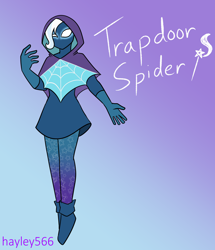 Size: 2272x2638 | Tagged: safe, artist:hayley566, derpibooru import, trixie, human, alternate hairstyle, boots, cloak, clothes, crossover, female, gloves, gradient background, hood, humanized, marvel, shoes, skirt, solo, spider-man, spider-man: across the spider-verse, spider-sona, superhero