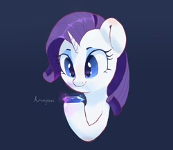 Size: 2020x1750 | Tagged: safe, artist:amapoas, derpibooru import, rarity, pony, unicorn, bust, female, gem, hoof hold, looking at something, simple background, smiling, solo, three quarter view