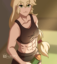 Size: 1573x1757 | Tagged: safe, artist:lovermvlf, derpibooru import, applejack, human, equestria girls, abs, applejacked, clothes, female, humanized, midriff, muscles, muscular female, solo, sports bra