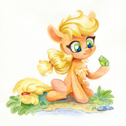 Size: 1207x1200 | Tagged: safe, artist:maytee, derpibooru import, applejack, earth pony, frog, pony, chest fluff, colored pencil drawing, cute, female, filly, filly applejack, foal, hoof hold, jackabetes, looking at something, mixed media, partial background, simple background, sitting, smiling, solo, traditional art, watercolor painting, white background, younger