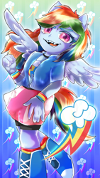 Size: 1080x1920 | Tagged: safe, artist:kimaran091227, derpibooru import, rainbow dash, human, equestria girls, boots, clothes, female, high heel boots, jacket, ponied up, sharp teeth, shirt, shoes, skirt, socks, solo, teeth, vest