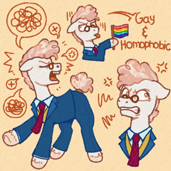 Size: 1280x1280 | Tagged: safe, artist:purrtal2, derpibooru import, svengallop, earth pony, pony, angry, clothes, cross-popping veins, emanata, eyes closed, gay pride flag, glasses, gritted teeth, male, necktie, open mouth, pride, pride flag, simple background, speech bubble, stallion, teeth, tongue, tongue out, yellow background