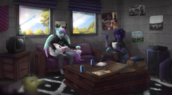 Size: 2700x1500 | Tagged: safe, artist:serodart, derpibooru import, oc, oc:#c0ffee, oc:mist avalon, anthro, pegasus, unicorn, carpet, choker, clothes, commission, curtains, electric guitar, emo, food, guitar, guitar amp, hoodie, ibanez, male, musical instrument, pizza, pizza box, poster, room, soda, sofa, table, tail, television, window