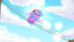 Size: 1280x720 | Tagged: safe, artist:lbrcloud, derpibooru import, oc, oc only, alicorn, pony, alicorn oc, behaving like a bird, cloud, horn, looking at you, looking down, looking down at you, low angle, power line, sky, solo, sun, wings