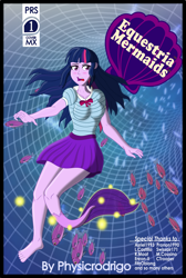 Size: 2000x2982 | Tagged: safe, artist:physicrodrigo, derpibooru import, twilight sparkle, fish, human, mermaid, series:equestria mermaids, equestria girls, clothes, comic cover, portal, solo