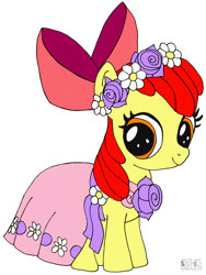 Size: 829x1100 | Tagged: safe, artist:playtimerogerhargreavesandbonniezacherlefan68, derpibooru import, apple bloom, earth pony, a canterlot wedding, g4, season 2, adorabloom, bridesmaid dress, clothes, colored, coloring page, cute, dress, female, filly, floral head wreath, flower, flower filly, flower girl, flower girl dress, foal, simple background, solo, white background