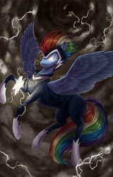 Size: 1442x2250 | Tagged: safe, artist:sylasthes, derpibooru import, rainbow dash, pegasus, pony, female, glowing, glowing eyes, lightning, solo