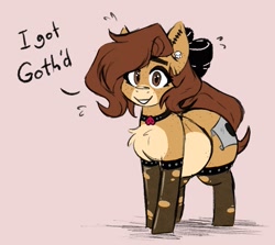 Size: 839x748 | Tagged: safe, artist:somefrigginnerd, derpibooru import, oc, oc only, oc:pencil test, earth pony, pony, bow, butt, chest fluff, choker, chubby, clothes, dialogue, ear piercing, earring, earth pony oc, female, freckles, goth, hair bow, jewelry, large butt, looking at you, mare, piercing, ripped stockings, simple background, smiling, smiling at you, stockings, thigh highs, torn clothes