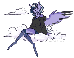 Size: 912x717 | Tagged: safe, artist:vautaryt, derpibooru import, oc, oc only, anthro, pegasus, unguligrade anthro, clothes, cloud, female, hoodie, long legs, looking at you, no pupils, on a cloud, pegasus oc, shorts, simple background, sitting, sitting on cloud, solo, spread wings, stockings, thigh highs, transparent background, wings