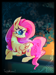 Size: 2048x2732 | Tagged: safe, artist:tuppkam1, derpibooru import, fluttershy, pegasus, pony, female, head turn, lying down, mare, prone, signature, solo, tree, tree branch