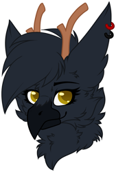 Size: 991x1469 | Tagged: safe, artist:chvrchgrim, derpibooru import, oc, oc only, oc:gráinne ní bhroin, deer, griffon, hybrid, antlers, bust, chest fluff, deergriff, ear piercing, earring, jewelry, piercing, simple background, solo, transparent background
