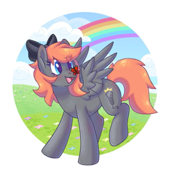 Size: 913x937 | Tagged: safe, artist:yumkandie, derpibooru import, oc, oc only, oc:darknightprincess, oc:scarlet moonlight, butterfly, pegasus, pony, bow, butterfly on nose, commission, female, hair bow, insect on nose, mare, outdoors, rainbow, simple background, solo, white background, ych result