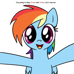 Size: 1000x1000 | Tagged: safe, derpibooru import, rainbow dash, pegasus, pony, arms in the air, bipedal, cute, dashabetes, dialogue, female, hape, hooves in air, hug, implied hugging, looking at you, mare, open arms, open mouth, open smile, personal space invasion, pixelated, simple background, smiling, smiling at you, solo, talking, transparent background