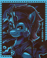 Size: 2400x3000 | Tagged: safe, artist:poxy_boxy, derpibooru import, oc, oc only, oc:slashing prices, pony, unicorn, armor, badge, commission, guard armor, helmet, high res, horn, limited palette, looking at you, male, propaganda, royal guard, royal guard armor, smiling, smiling at you, solo, stallion, tack, text, unicorn oc, watermark