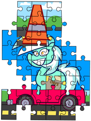 Size: 3685x4862 | Tagged: safe, artist:threetwotwo32232, derpibooru import, lyra heartstrings, pony, unicorn, car, food, oats, puzzle, simple background, solo, traffic cone, transparent background