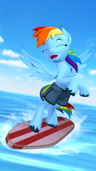 Size: 2160x3840 | Tagged: safe, artist:owlpirate, derpibooru import, rainbow dash, pegasus, pony, 3d, 4k, bipedal, clothes, eyes closed, female, high res, mare, open mouth, open smile, smiling, solo, source filmmaker, spread wings, surfboard, surfing, swimming trunks, swimsuit, unshorn fetlocks, wings
