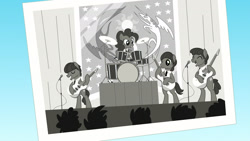 Size: 1920x1080 | Tagged: safe, derpibooru import, screencap, pinkie pie, earth pony, pony, party pooped, bass guitar, black and white, crowd, cymbals, drums, drumsticks, ed sullivan show, electric guitar, equestrian flag, george harrison, grayscale, guitar, john lennon, lonely hearts, male, microphone, monochrome, musical instrument, northern song, paul mccartney, pinko starr, platform, playing instrument, ponified, silhouette, singing, species swap, stage, stallion, strawberry fields, the beatles