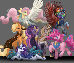 Size: 2670x2265 | Tagged: safe, artist:birdelf, derpibooru import, applejack, fluttershy, pinkie pie, rainbow dash, rarity, twilight sparkle, twilight sparkle (alicorn), alicorn, earth pony, pegasus, pony, unicorn, alternate design, cape, clothes, female, flying, glasses, goggles, goggles on head, gray background, high res, long mane, mane six, mare, round glasses, simple background, spread wings, uniform, wings, wonderbolts dress uniform