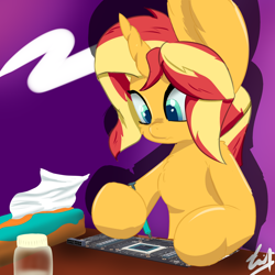 Size: 2048x2048 | Tagged: safe, artist:dianetgx, derpibooru import, sunset shimmer, pony, unicorn, equestria girls 10th anniversary, bottle, female, graphics card, hoof hold, looking at something, mare, rtx, sitting, thermal paste, tissue box