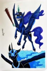 Size: 2390x3575 | Tagged: safe, artist:cahandariella, derpibooru import, nightmare moon, princess luna, alicorn, baseball bat, marker drawing, newbie artist training grounds, spiked bat, spread wings, traditional art, violence, wings