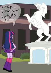 Size: 1653x2338 | Tagged: safe, artist:blackcat, derpibooru import, twilight sparkle, equestria girls 10th anniversary, equestria girls, canterlot high, colored, female, flat colors, speech bubble, statue