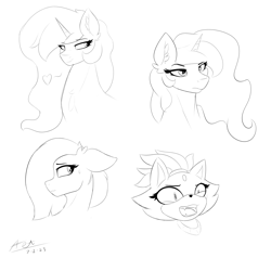 Size: 2500x2500 | Tagged: safe, artist:astrum, derpibooru import, marble pie, princess celestia, princess luna, alicorn, cat, earth pony, pony, bedroom eyes, blaze the cat, bust, chest fluff, crossover, digital art, disgusted, ethereal hair, ethereal mane, eye clipping through hair, eyebrows, eyebrows visible through hair, fangs, female, frown, group, head tilt, heart, high res, lidded eyes, looking sideways, mare, missing accessory, monochrome, open mouth, quartet, raised eyebrow, royal sisters, shy, siblings, signature, simple background, sisters, sketch, smiling, sonic the hedgehog (series), white background