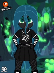 Size: 1624x2200 | Tagged: safe, artist:theminus, derpibooru import, queen chrysalis, human, equestria girls, g4, clothes, equestria girls-ified, open mouth, pentagram, skirt, solo, younger