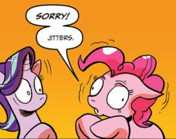 Size: 334x265 | Tagged: safe, artist:andypriceart, derpibooru import, idw, pinkie pie, starlight glimmer, earth pony, pony, unicorn, apology, comics, cross-eyed, duo, official, poofy mane, wide eyes