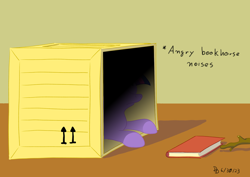 Size: 1200x849 | Tagged: safe, artist:darkdabula, derpibooru import, twilight sparkle, pony, angry horse noises, atg 2023, book, bookhorse, box, crate, descriptive noise, female, horse noises, lying down, mare, newbie artist training grounds, pony in a box, prone, solo, stick