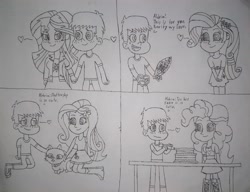 Size: 3086x2365 | Tagged: safe, artist:aldringaldofightww2, derpibooru import, fluttershy, pinkie pie, rarity, sunset shimmer, oc, oc:aldrin galdo, human, equestria girls, canon x oc, monochrome, traditional art