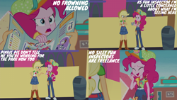 Size: 2000x1125 | Tagged: safe, derpibooru import, edit, edited screencap, editor:quoterific, screencap, applejack, pinkie pie, better together, equestria girls, rollercoaster of friendship