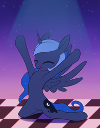 Size: 1620x2070 | Tagged: safe, artist:dusthiel, derpibooru import, princess luna, pony, belly, bipedal, chest fluff, colored, eyes closed, female, happy, hooves in air, mare, open mouth, open smile, smiling, solo, spread wings, wings