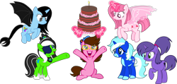 Size: 2866x1365 | Tagged: safe, artist:nirguna1314, artist:tanahgrogot, derpibooru import, oc, oc only, oc:annisa trihapsari, oc:cool breezes, oc:kok ada, oc:teahie, oc:tiffany fisher, oc:violetta cuddles belle, alicorn, dracony, dragon, earth pony, hybrid, pony, unicorn, base used, birthday cake, cake, earth pony oc, female, flower, food, glasses, happy, hat, magic, mare, open mouth, open smile, ponytail, simple background, sitting, smiling, telekinesis, transparent background