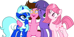 Size: 1760x896 | Tagged: safe, artist:frozen-heart667, artist:tanahgrogot, derpibooru import, oc, oc only, oc:annisa trihapsari, oc:cool breezes, oc:tiffany fisher, oc:violetta cuddles belle, alicorn, earth pony, pony, unicorn, best friends, eyes closed, female, glasses, happy, hat, hug, hugging a pony, magic, mare, one eye closed, open mouth, open smile, simple background, smiling, squishy cheeks, transparent background