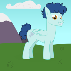 Size: 3500x3500 | Tagged: safe, artist:lotusflare, derpibooru import, curly winds, some blue guy, pegasus, pony, equestria girls 10th anniversary, equestria girls, blue body, blue mane, concave belly, curly hair, curly mane, looking at you, male, ponified, smiling, smiling at you, solo, species swap, stallion