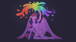 Size: 1600x900 | Tagged: safe, artist:blitsazalisdash, derpibooru import, twilight sparkle, twilight sparkle (alicorn), alicorn, anthro, unguligrade anthro, barbie doll anatomy, kneeling, rainbow, solo