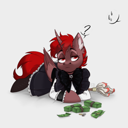 Size: 1500x1500 | Tagged: safe, artist:di_windings, derpibooru import, oc, oc:hardy, alicorn, pony, chest fluff, clothes, crossdressing, ear fluff, ears, maid, male, money, question mark, simple background, stallion, white background