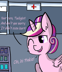 Size: 1792x2088 | Tagged: safe, artist:wissle, derpibooru import, princess cadance, alicorn, pony, atg 2023, clinic, comic, dialogue, female, followup, implied pinkie pie, implied twilight sparkle, mare, newbie artist training grounds, offscreen character, open mouth, smiling, solo, sterilization, style emulation