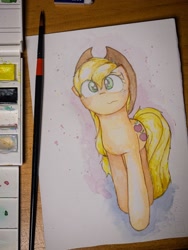 Size: 1536x2048 | Tagged: safe, artist:papersurgery, derpibooru import, applejack, earth pony, photo, solo, traditional art, watercolor painting