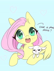 Size: 3072x4096 | Tagged: safe, artist:twiliset, derpibooru import, angel bunny, fluttershy, pegasus, pony, rabbit, angel bunny is not amused, animal, feather, heart, hug, looking at you, open mouth, red face, simple background, talking to viewer, unamused, unhappy, wings