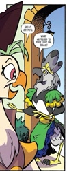 Size: 397x1009 | Tagged: safe, artist:andypriceart, derpibooru import, idw, captain celaeno, ocypete, anthro, bird, parrot, spoiler:comic, spoiler:comic100, birb, greeting, hat, implied lesbian, looking at each other, looking at someone, nickname, official, ornithian, pirate, pirate hat, princess, princess ocypete, reunion, sapphic, smiling, smiling at each other