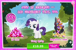 Size: 1965x1302 | Tagged: safe, derpibooru import, rarity, pony, unicorn, advertisement, costs real money, english, female, filly, filly rarity, foal, gameloft, gem, horn, mobile game, my little pony: magic princess, numbers, official, rock, sale, solo, text, younger